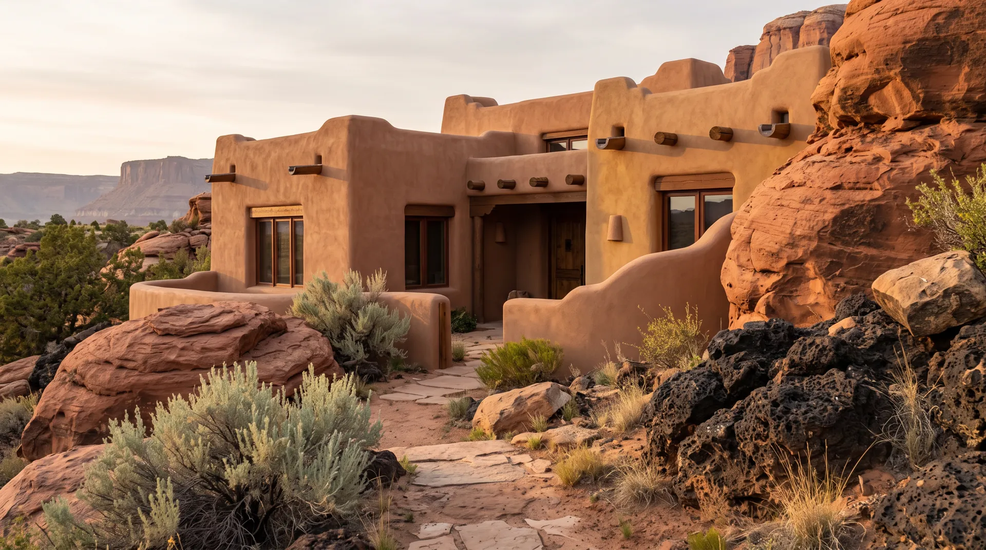 Earth tone adobe style stucco home among red and black rock