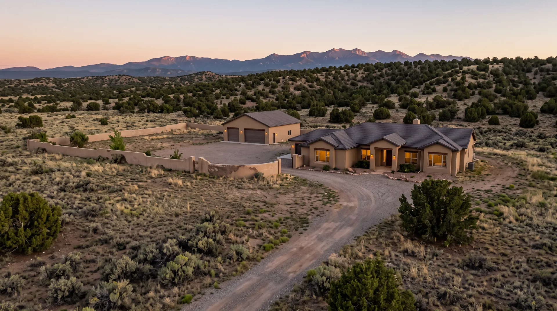 Custom stucco home and garden wall on a rural lot