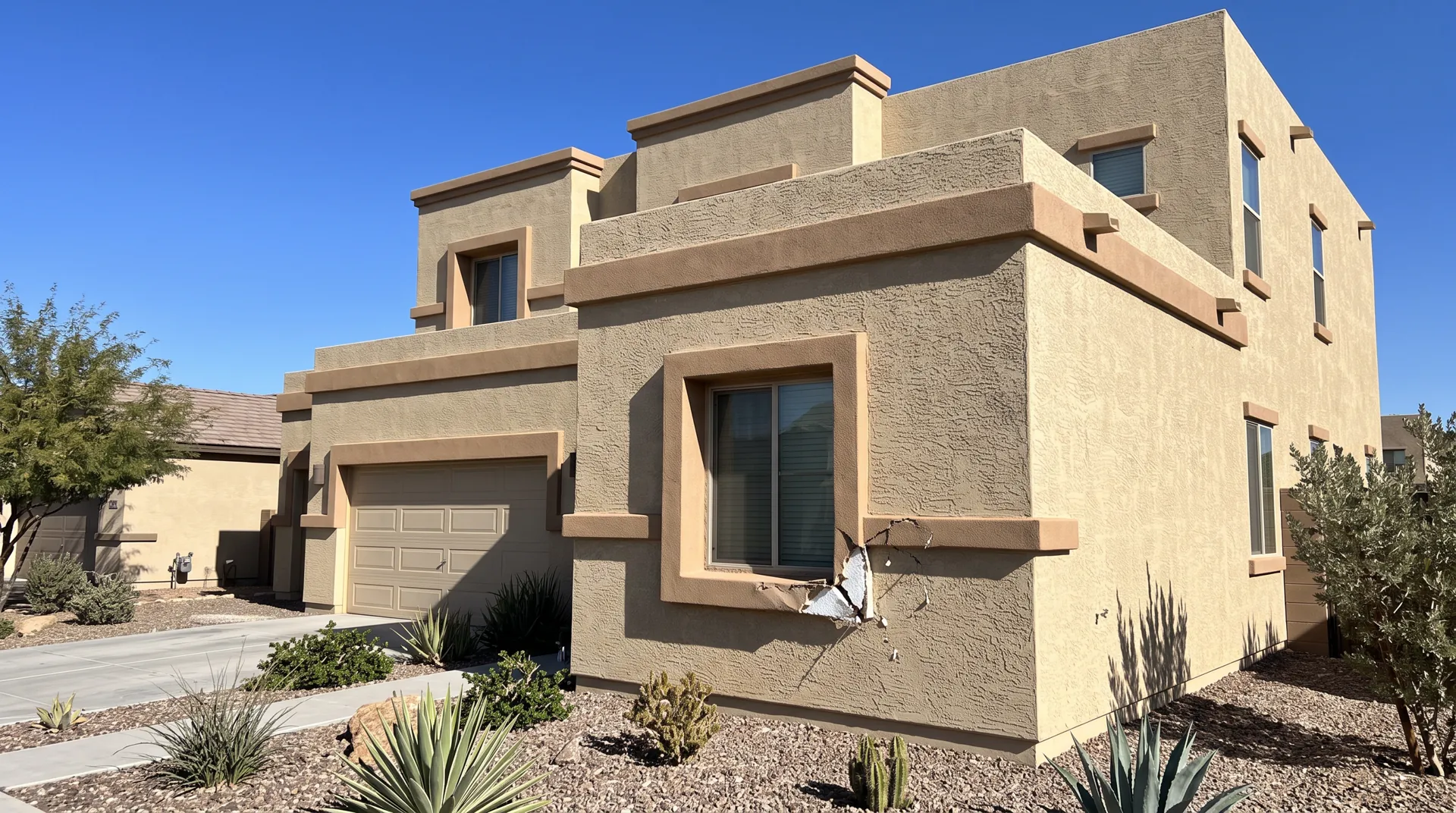 Dented EIFS foam window surround on a newer stucco home