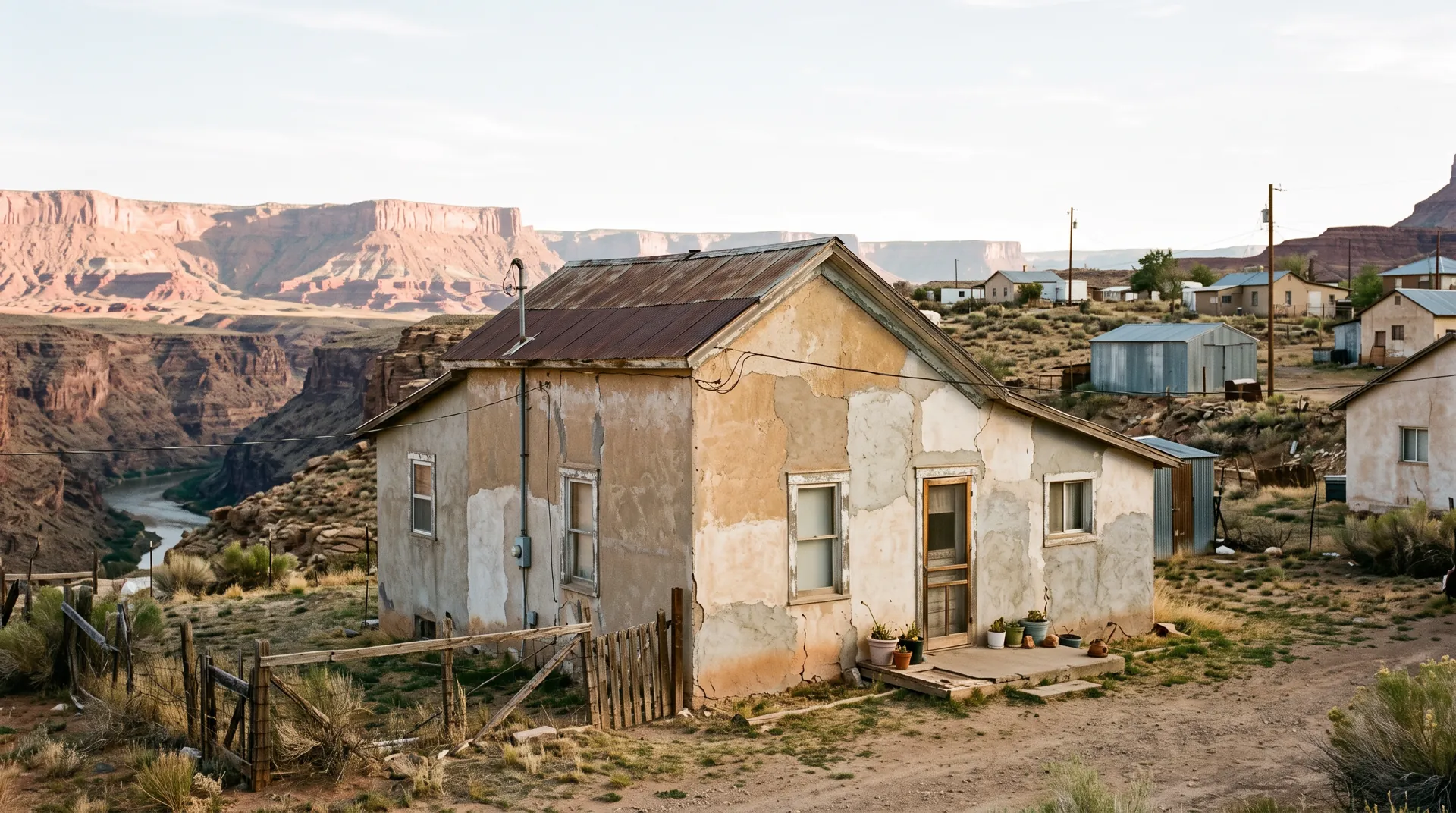 Older stucco house with layered patches in a small town