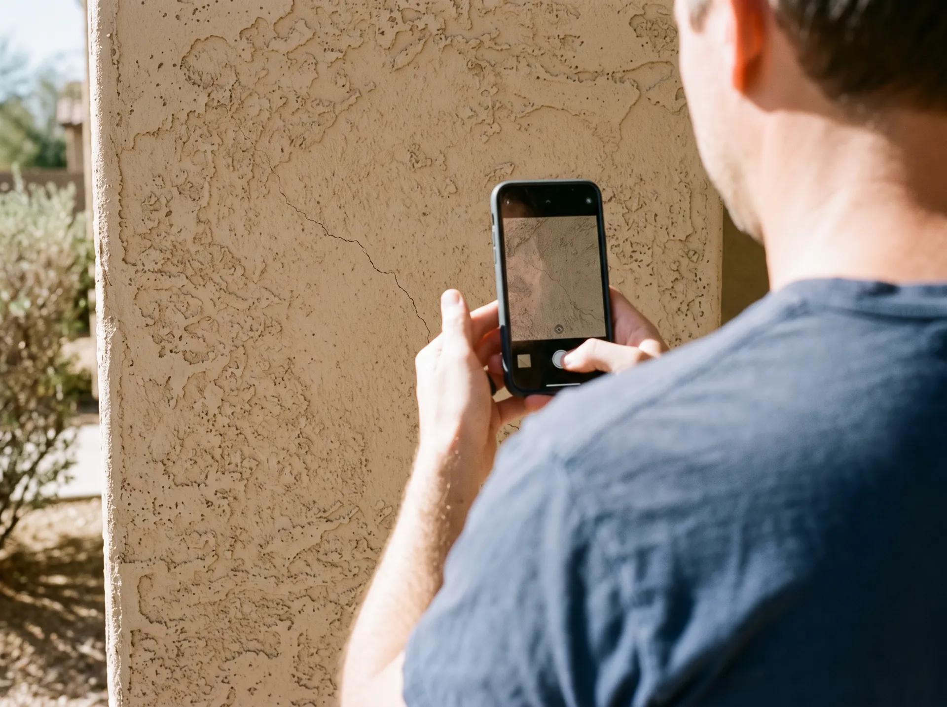Homeowner taking a phone photo of a stucco crack to send in
