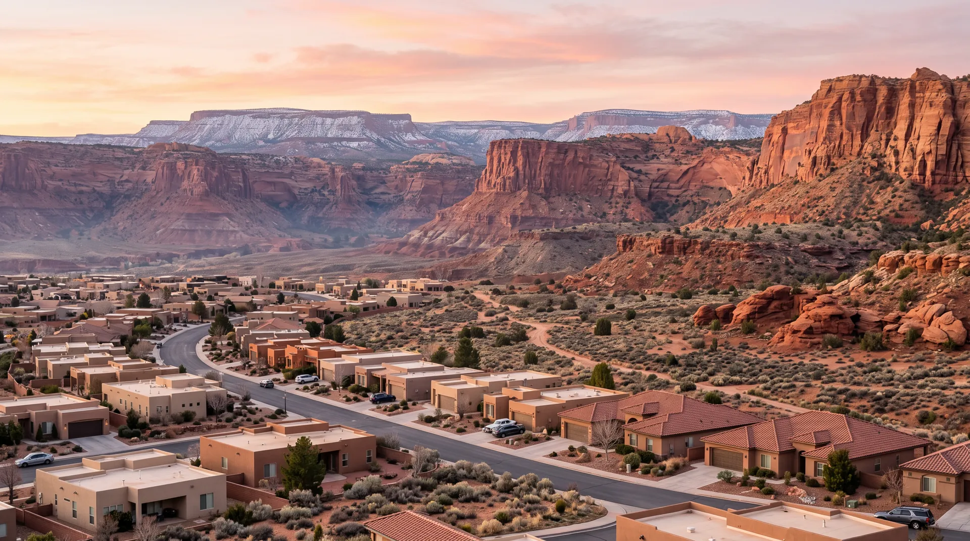 Stucco homes in a Southern Utah town below red sandstone cliffs