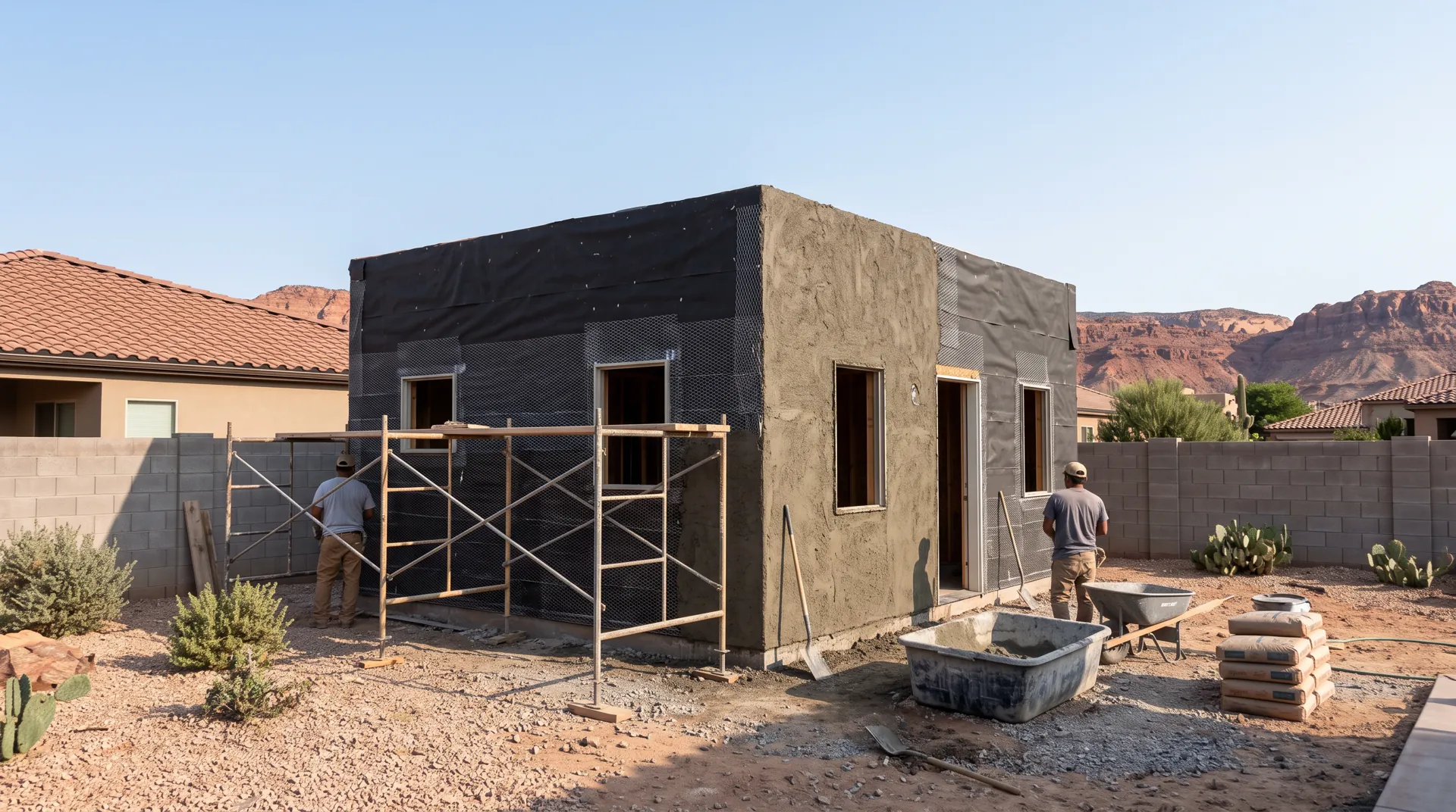 Casita addition with lath and a brown coat of stucco going on