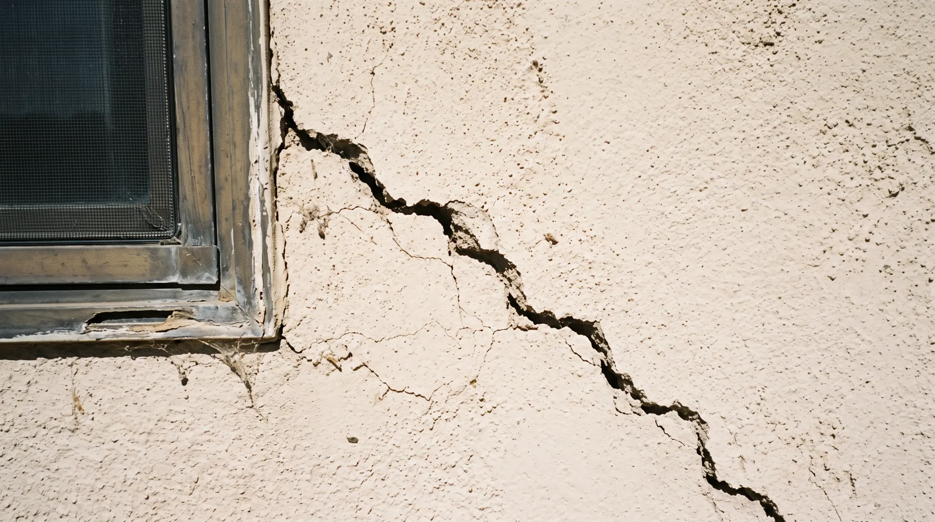 Stair step crack running from the corner of a window in a stucco wall