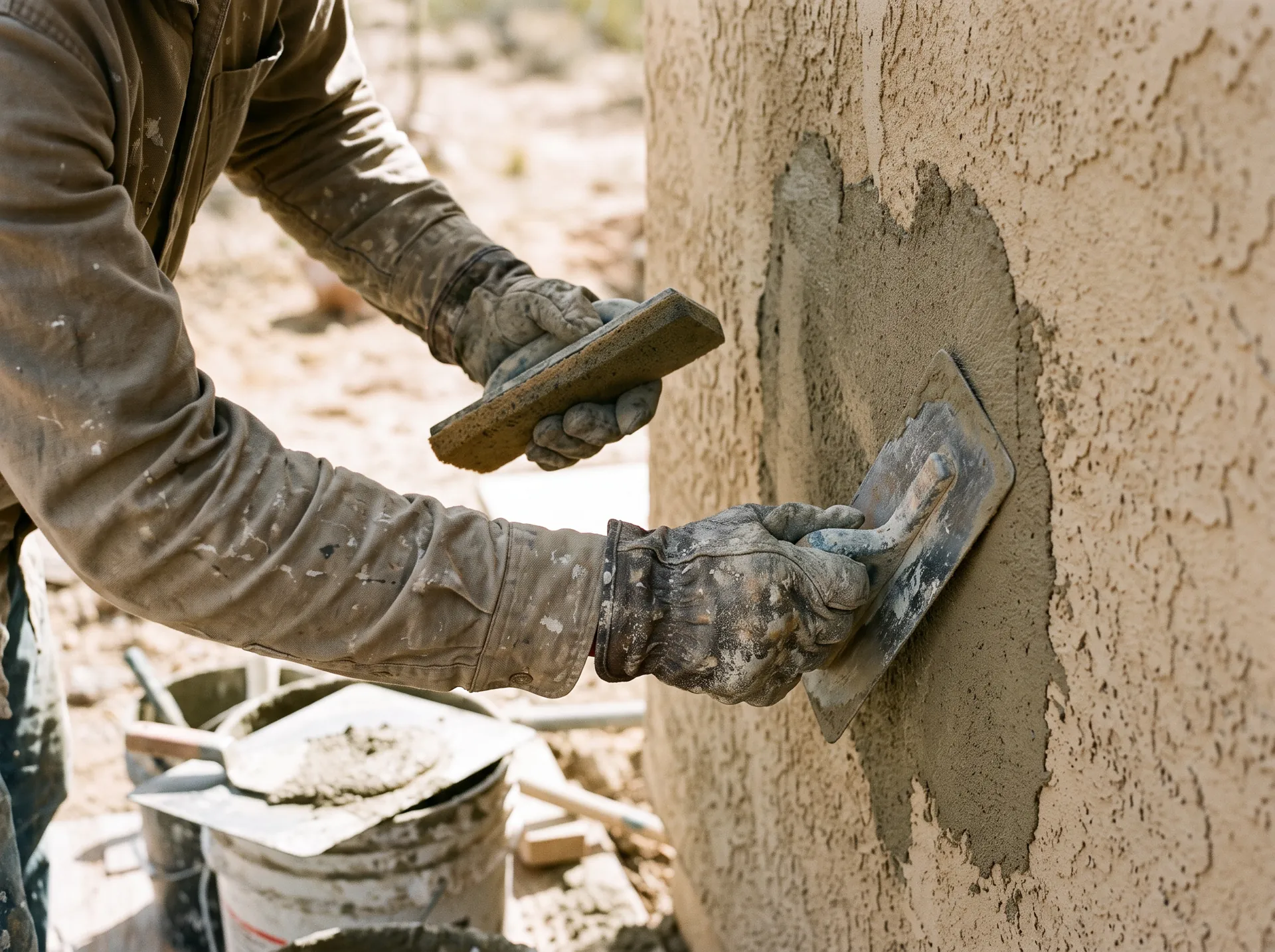 Crew blending a stucco patch into the wall texture with a trowel