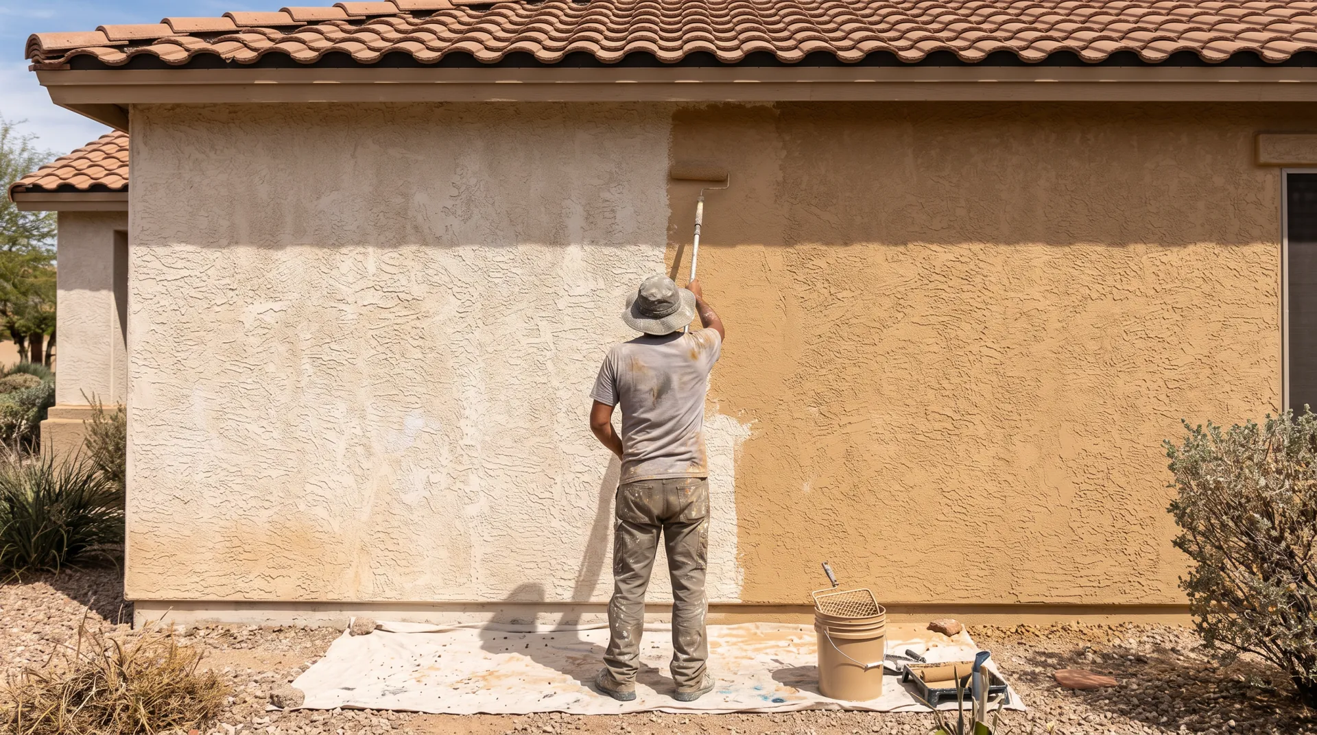 Painter rolling elastomeric coating over a faded stucco wall
