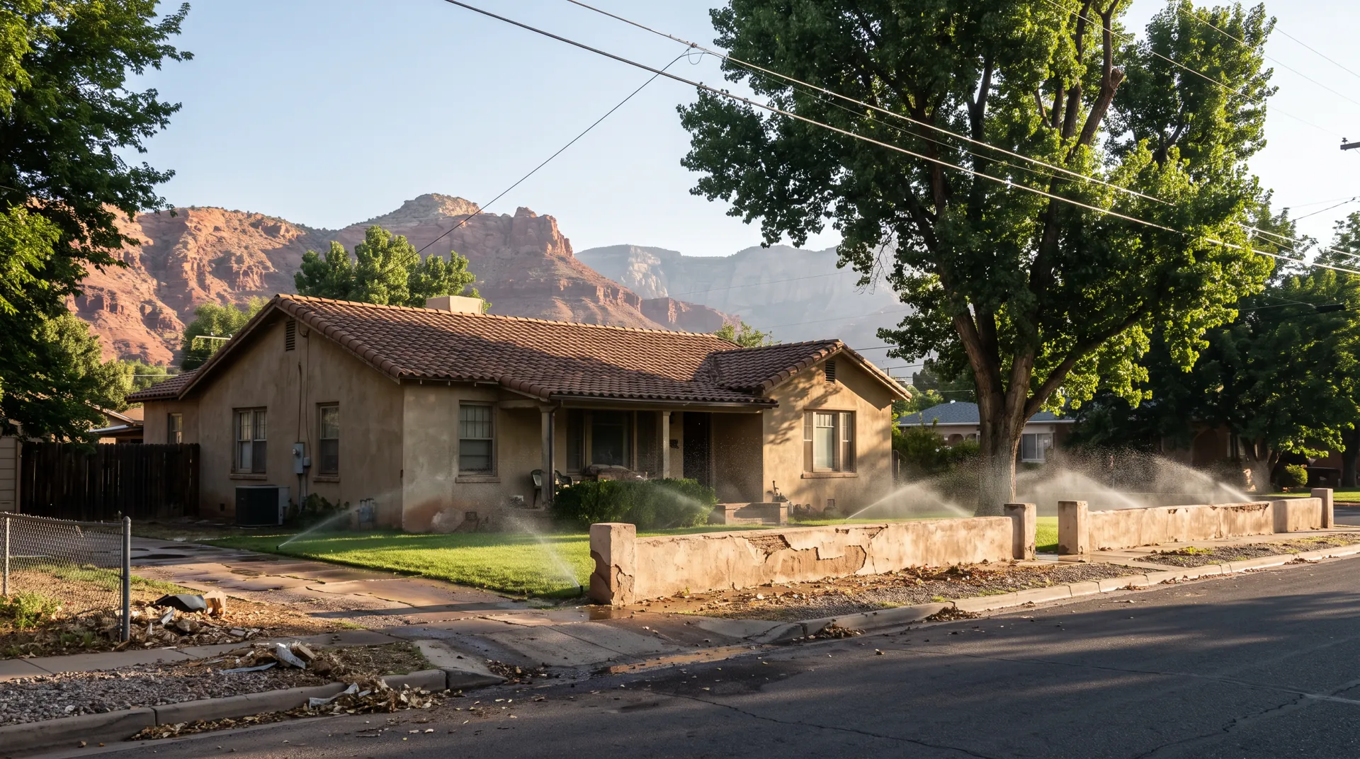 Older stucco home with mature shade trees and lawn
