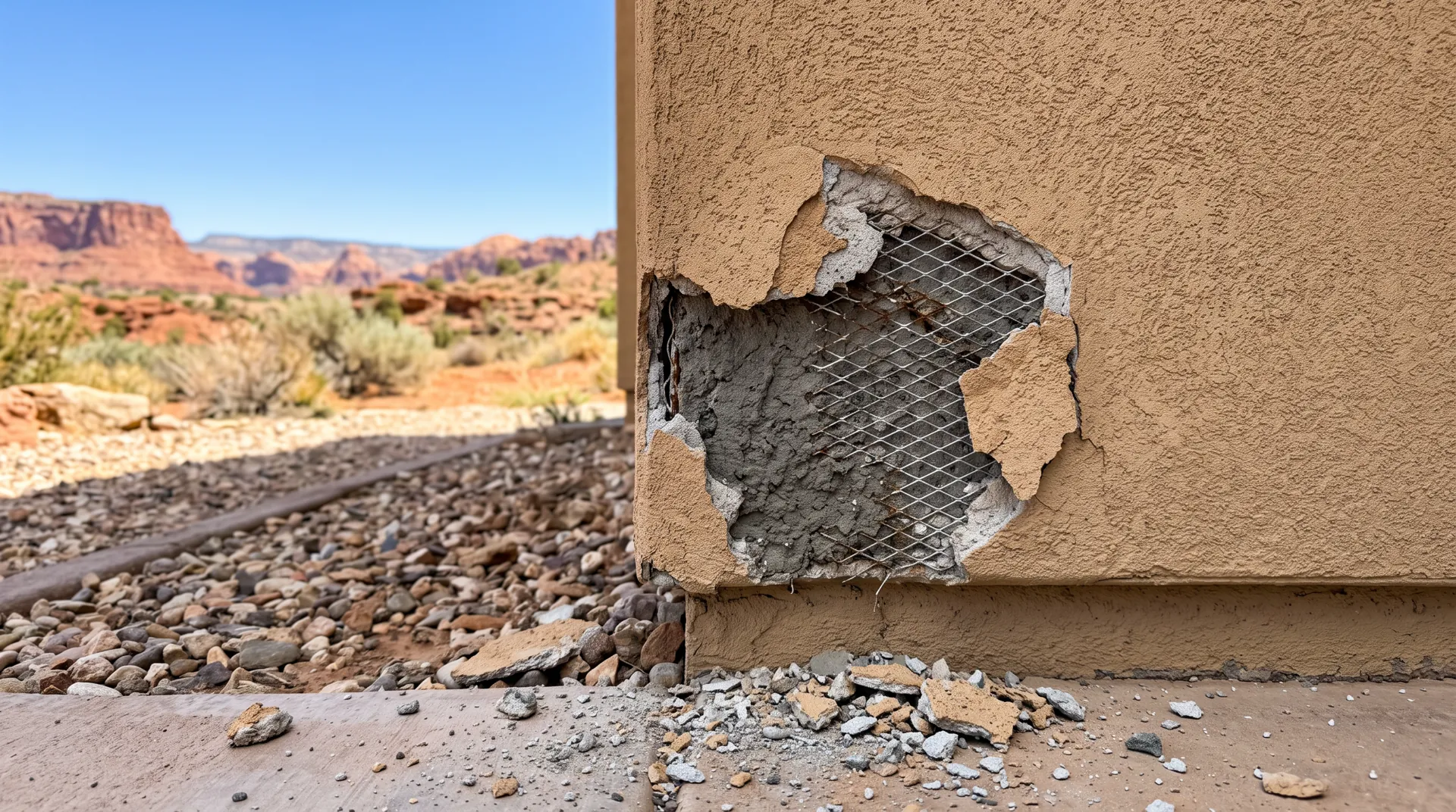 Broken stucco corner showing the scratch coat and metal lath underneath