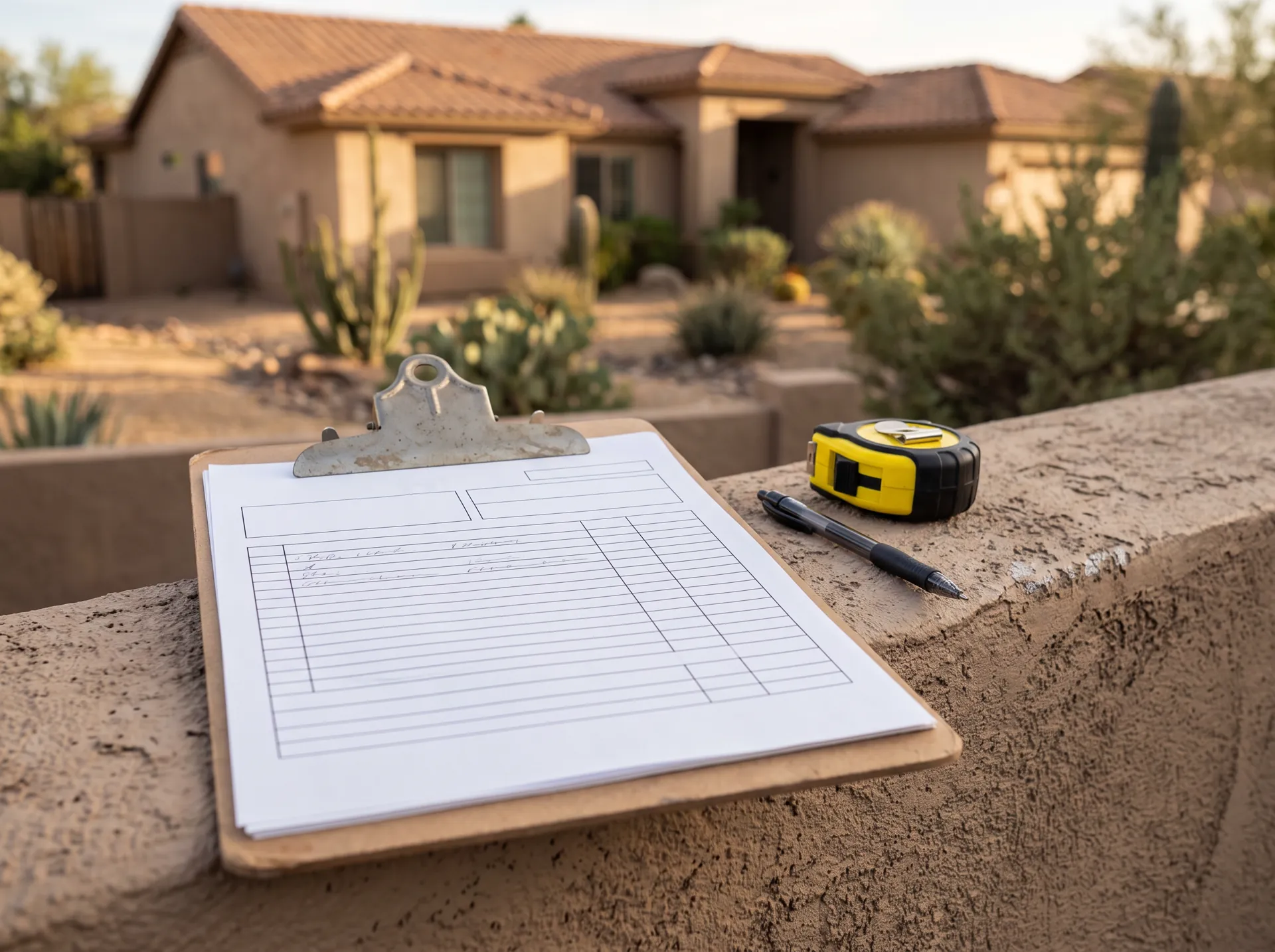 Clipboard with a stucco repair estimate form and tape measure
