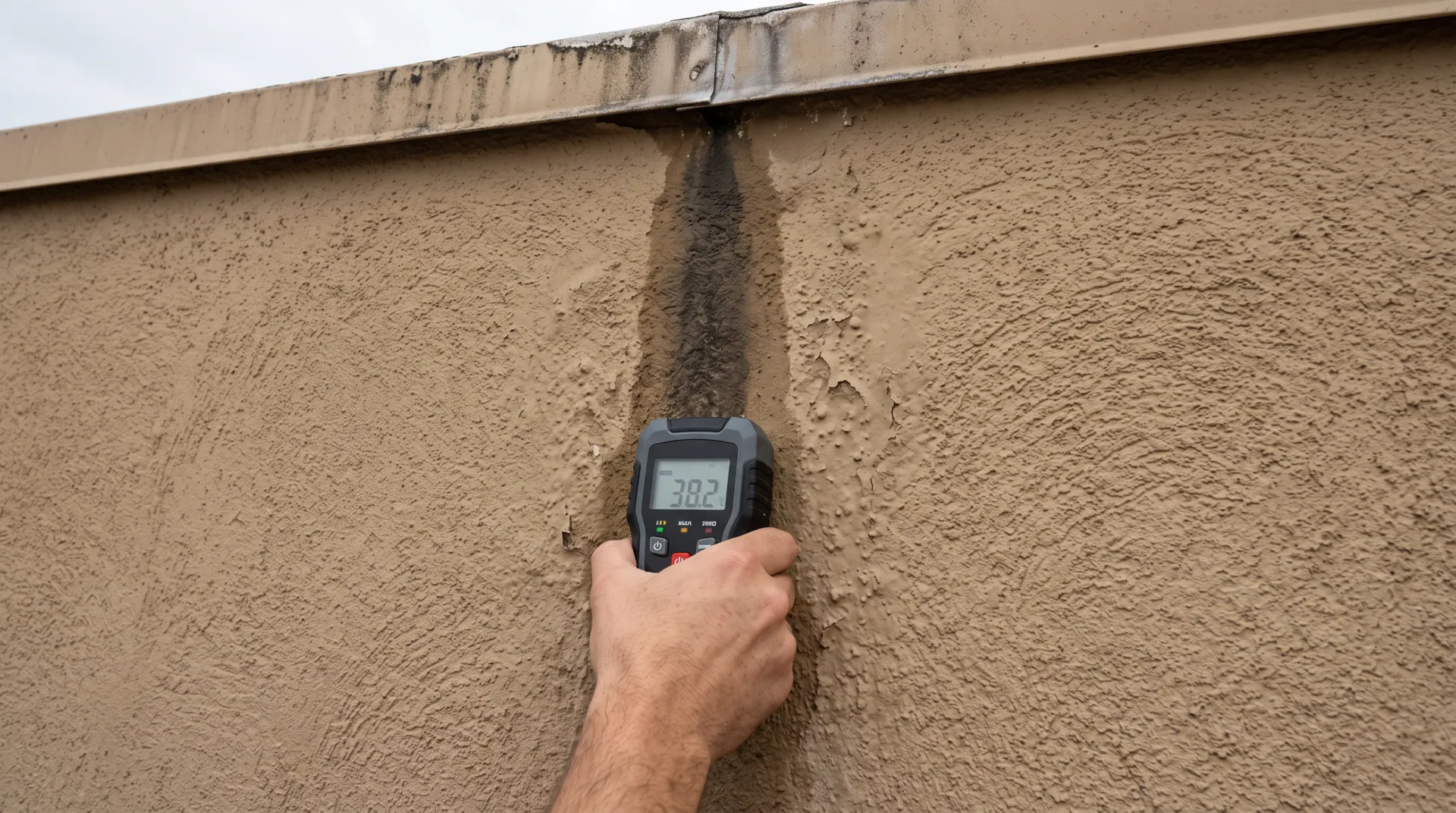Moisture meter checking a water stain below a stucco parapet